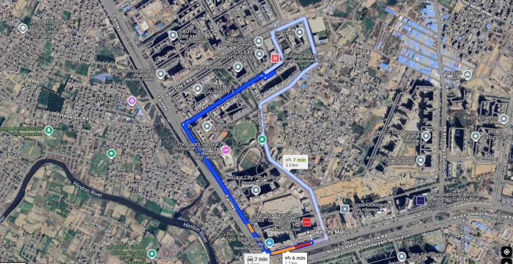 A Map to reach Gaur City 5th Avenue Noida from Gaur City Mall