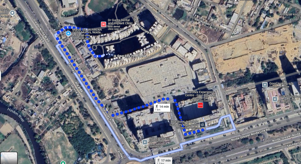 map showing how to reach Gaur City 7th Avenue from Gaur City Mall